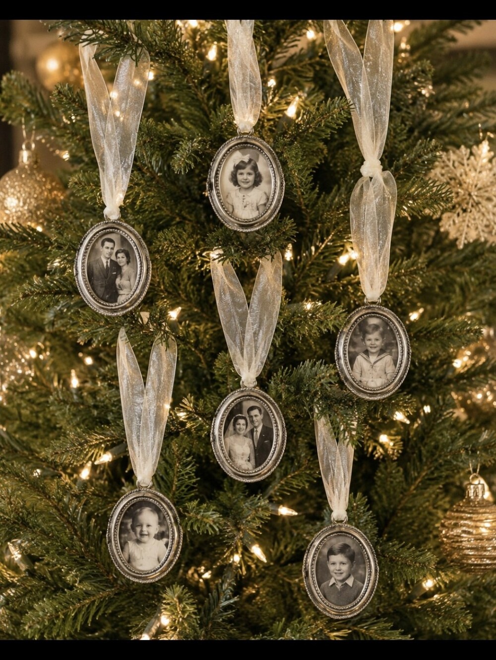 Set Of 6 Silver Oval Photo Frame Holiday Christmas Haning Ornaments